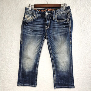 Rock Revival Julie Crop Distressed Thrashed Jeans Dark Wash Denim Size 28 Grunge